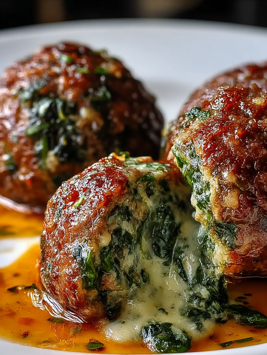 A plate of meatballs with spinach and garlic.