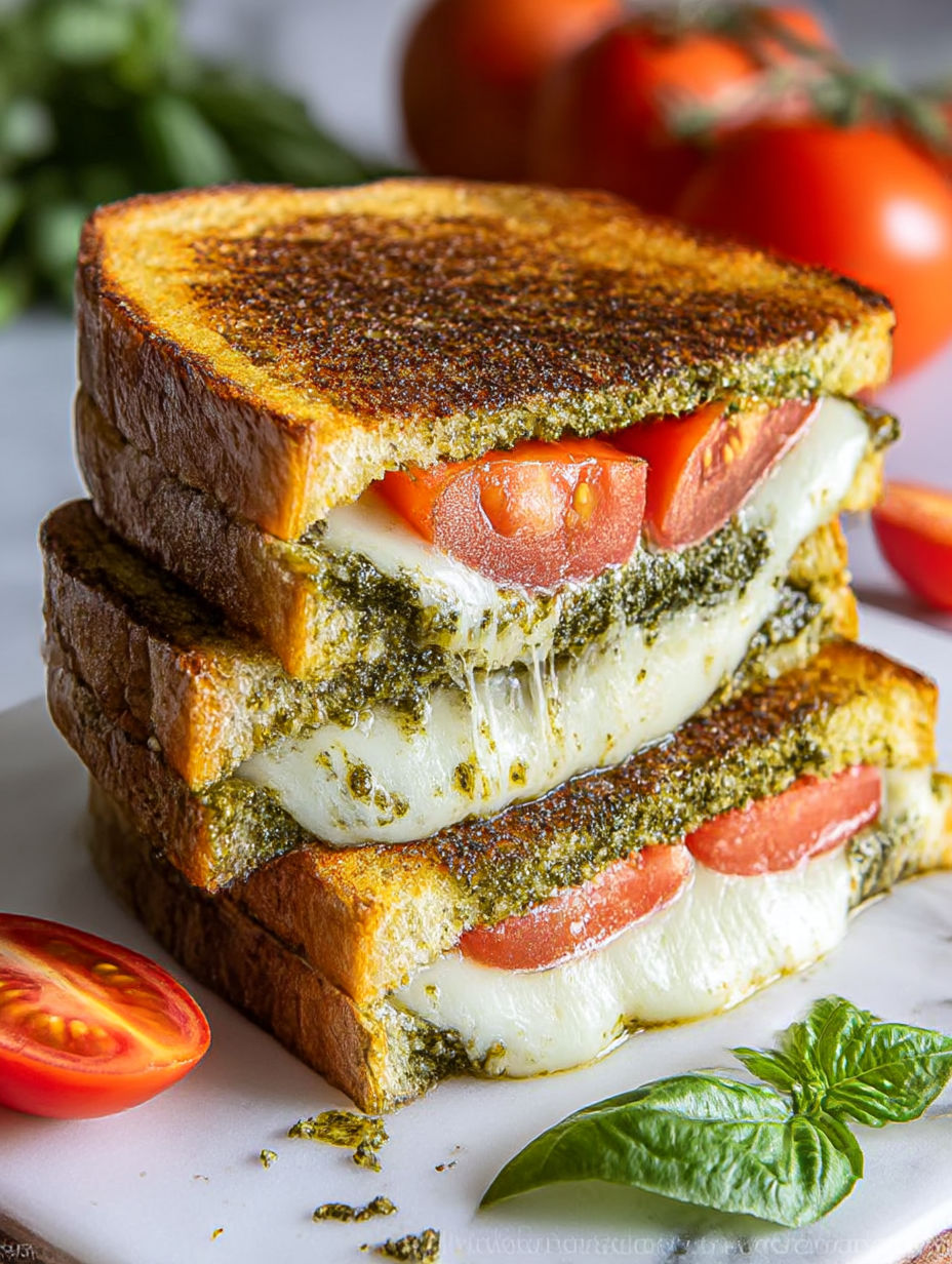 A stack of sandwiches with tomatoes and cheese.