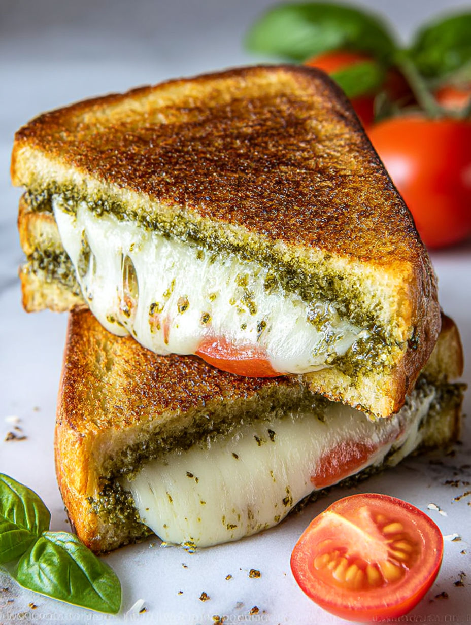 A slice of pesto grilled cheese sandwich.