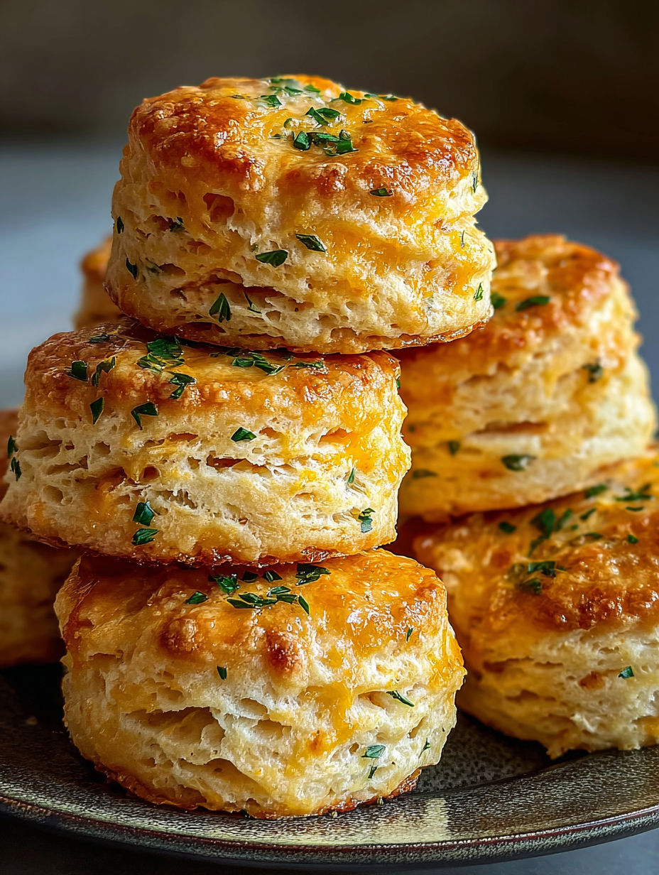 A stack of irresistible cheddar herb biscuits.