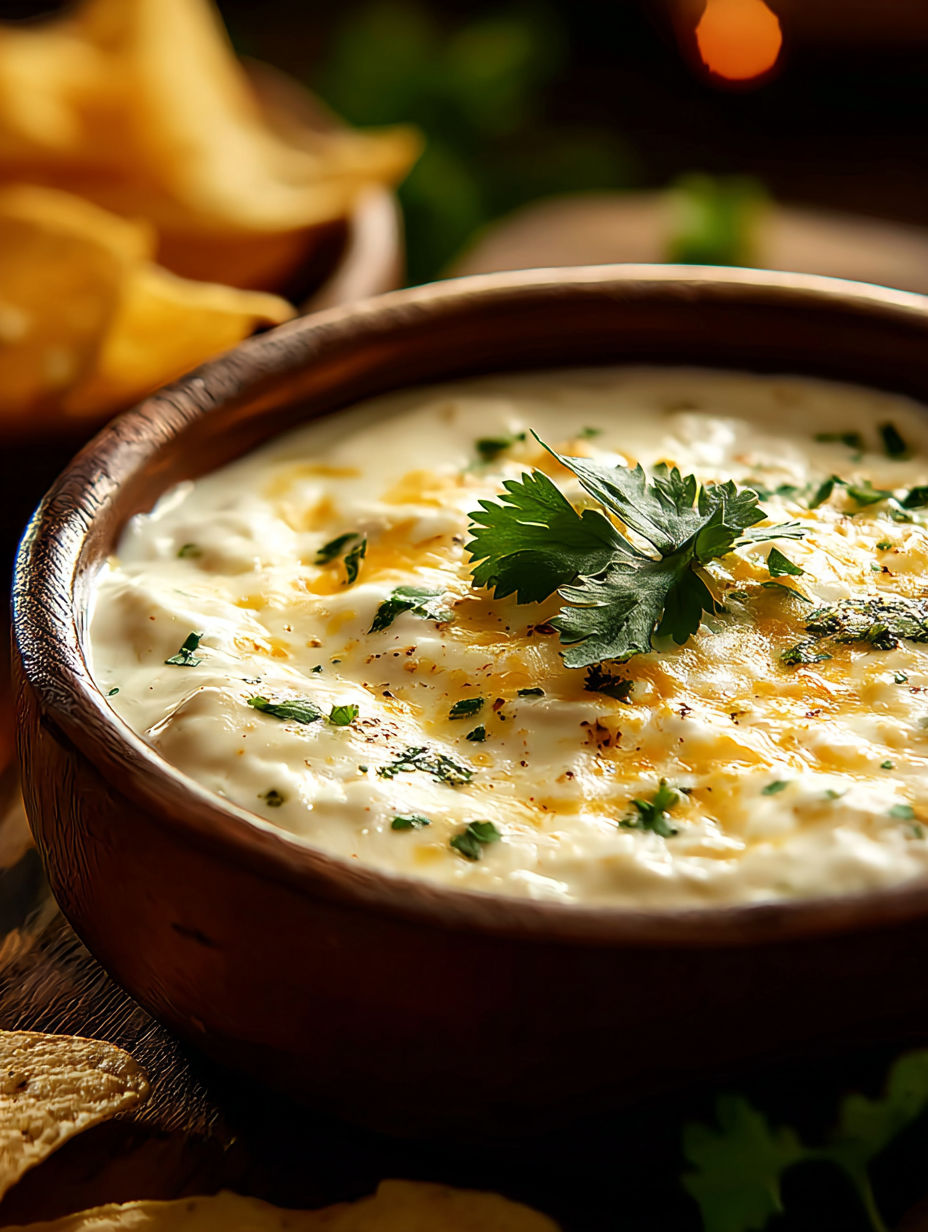 A bowl of Mexican white cheese dip with a garnish of cilantro.