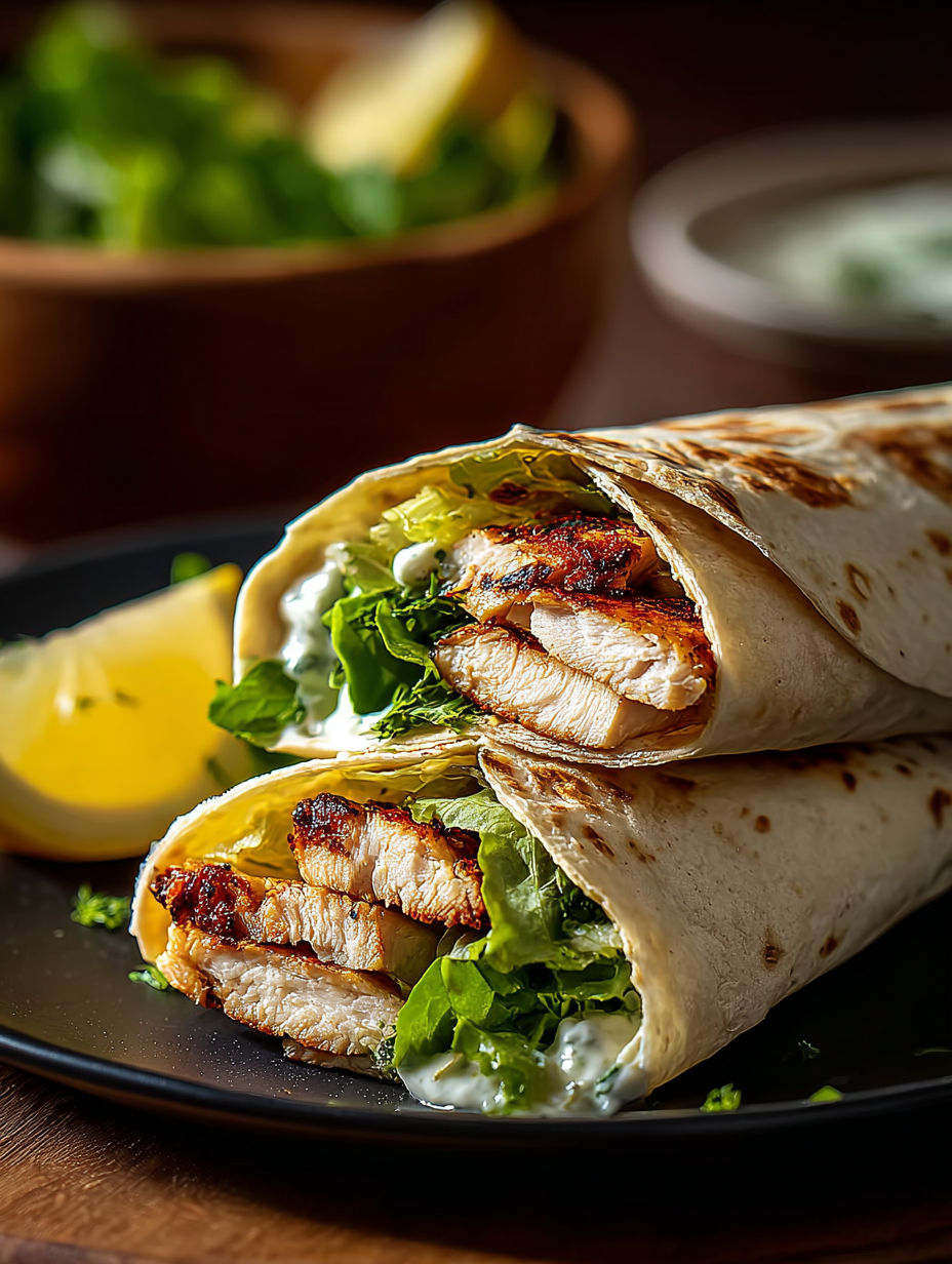 A chicken wrap with lettuce and lemon.