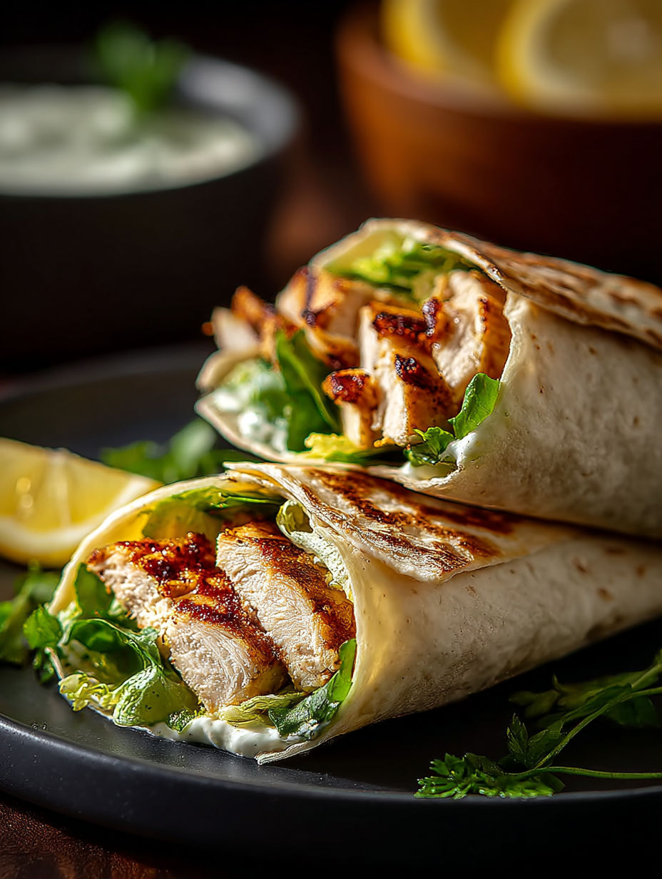 A delicious chicken wrap with lettuce and lemon.