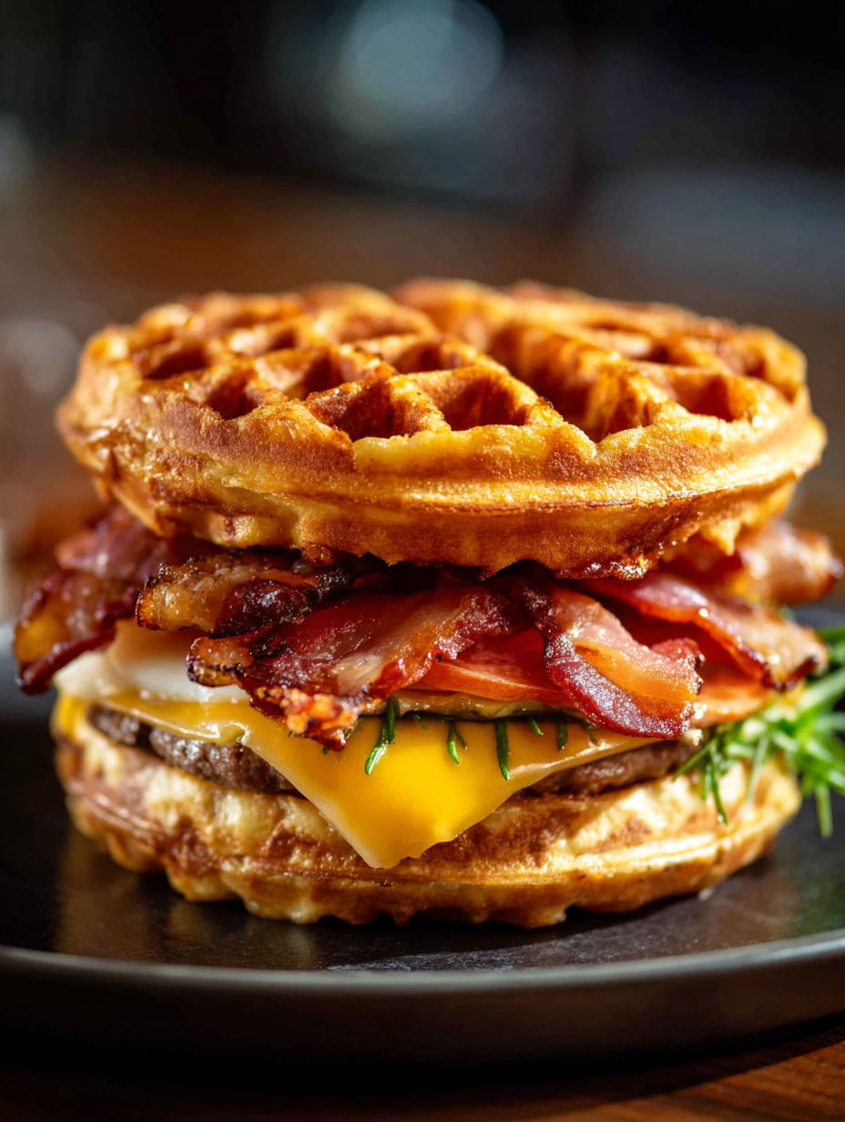 A delicious looking burger with bacon and a waffle on top.
