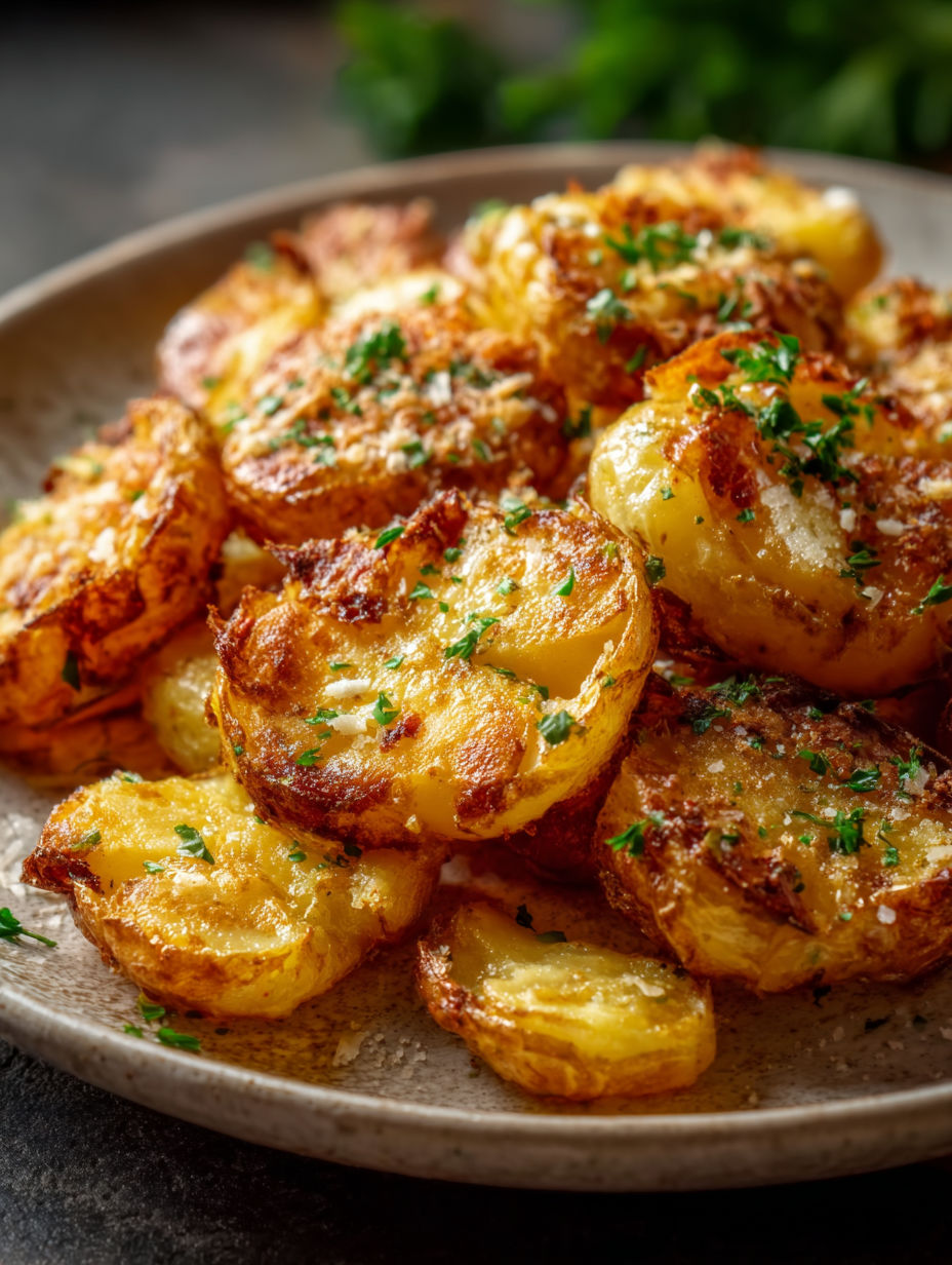A plate of crispy smashed potatoes.