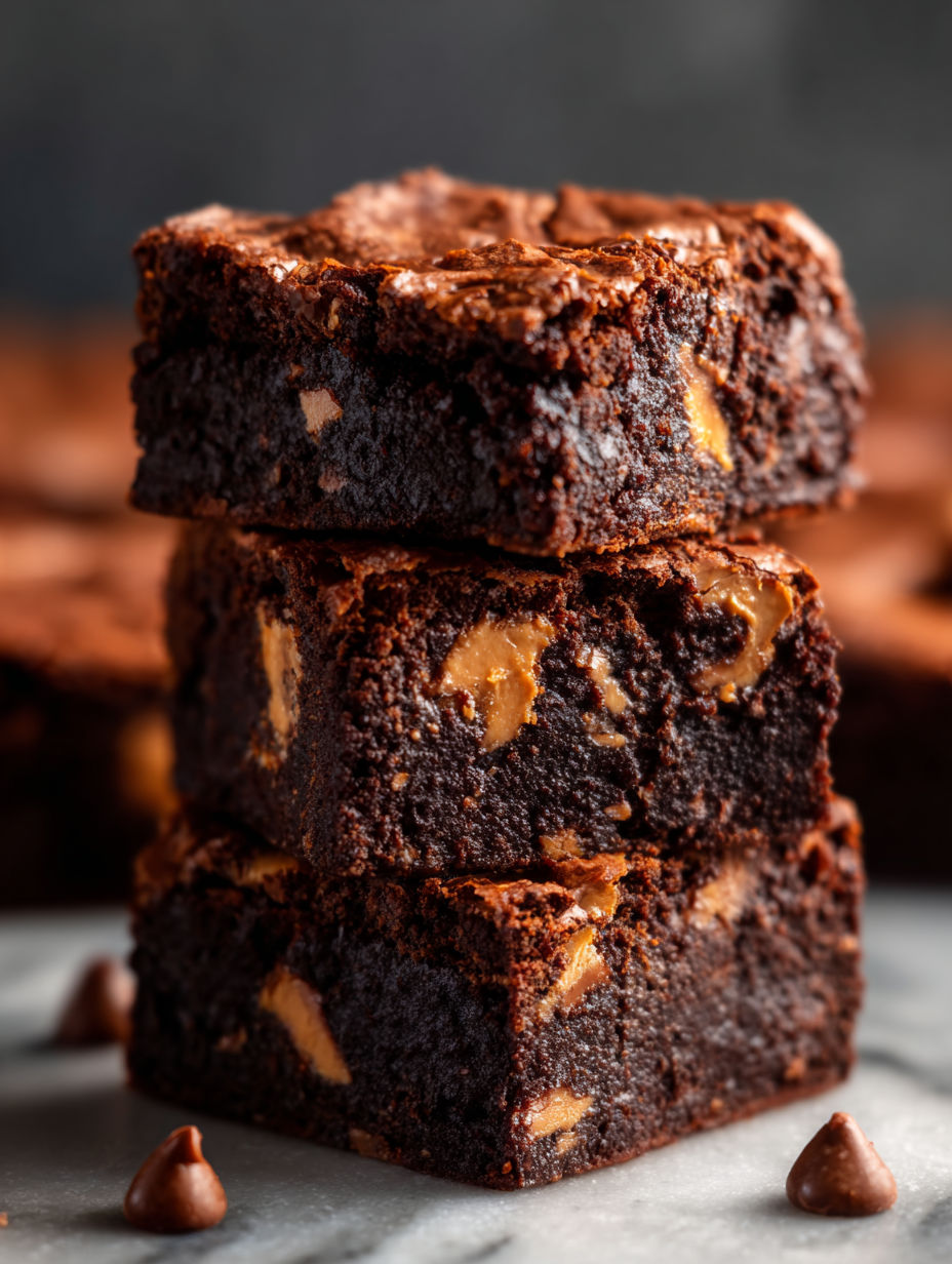 Three stacked brownies with peanut butter and chocolate.
