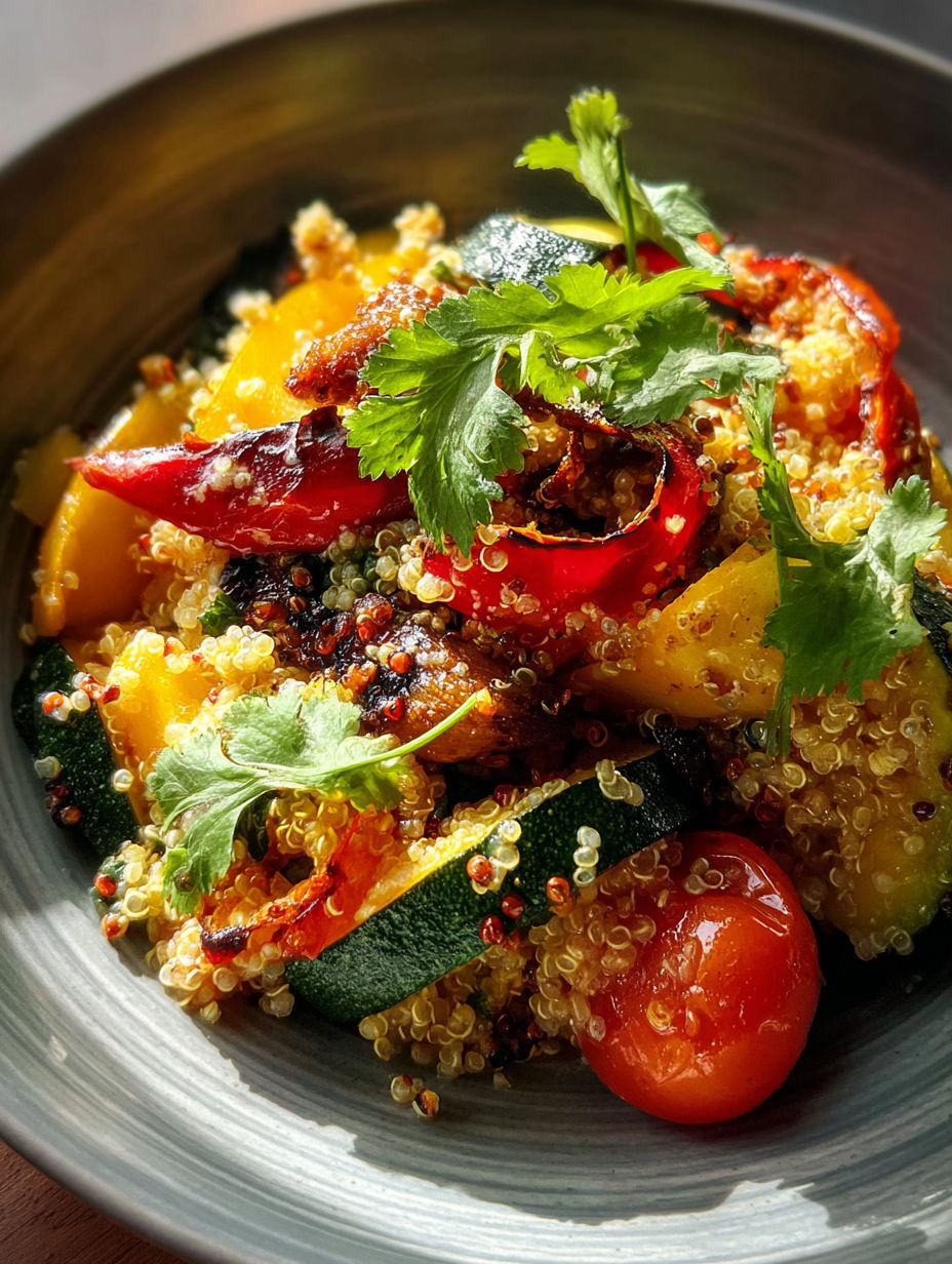 A bowl of food with a tomato and a green pepper.