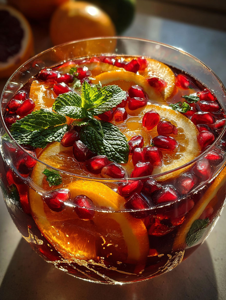 A glass of non-alcoholic Christmas punch with pomegranate seeds and orange slices.