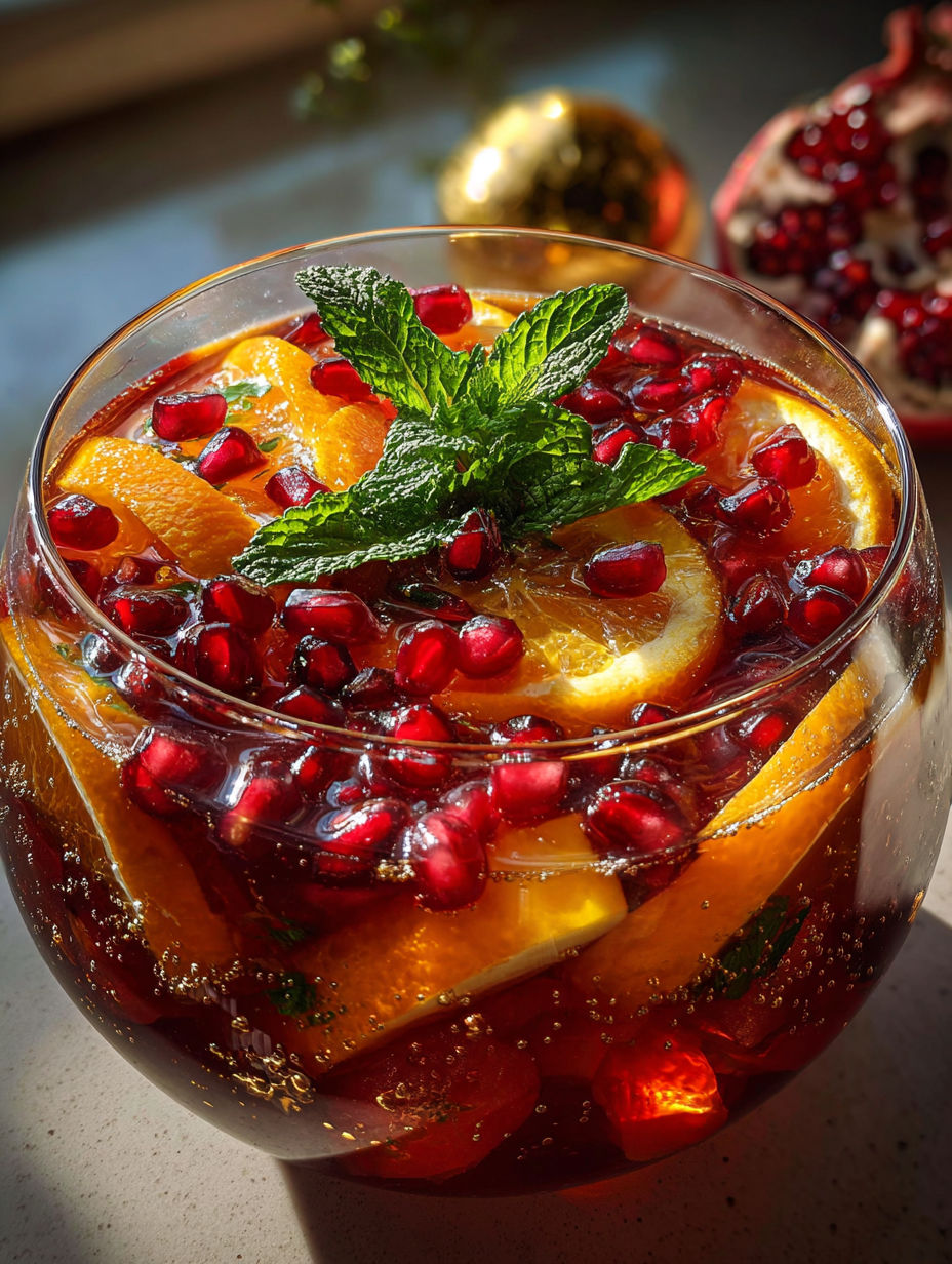 A glass of non-alcoholic Christmas punch with orange slices and mint.
