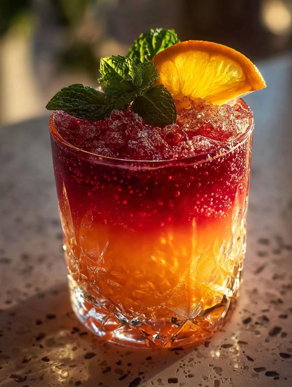 A glass of non-alcoholic drink with a slice of orange and mint.