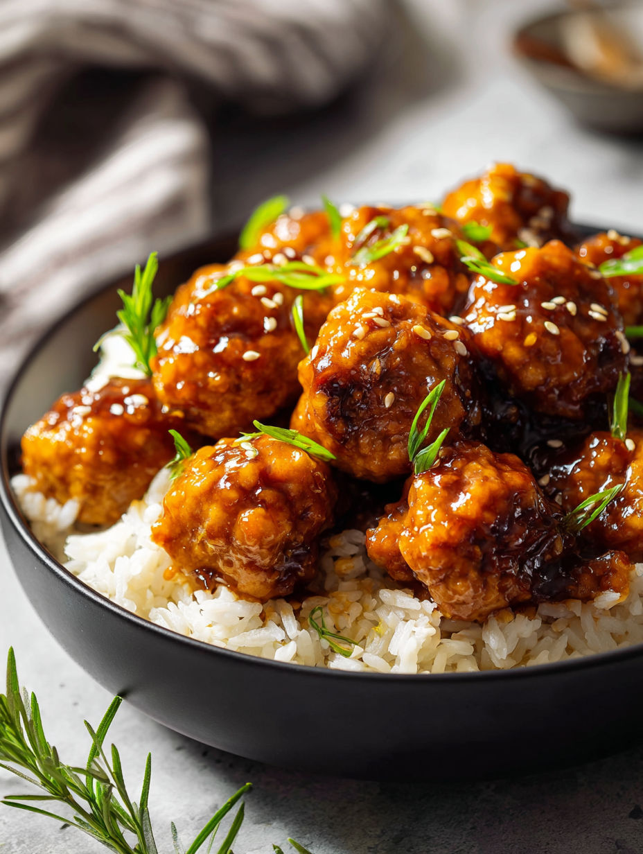 A bowl of meatballs with rice.