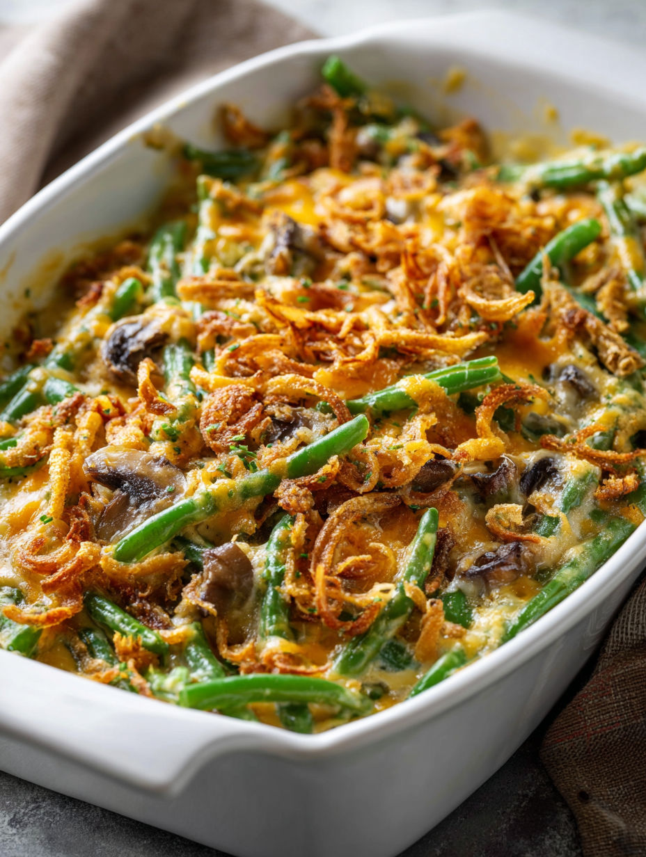 A white bowl filled with a green bean casserole.