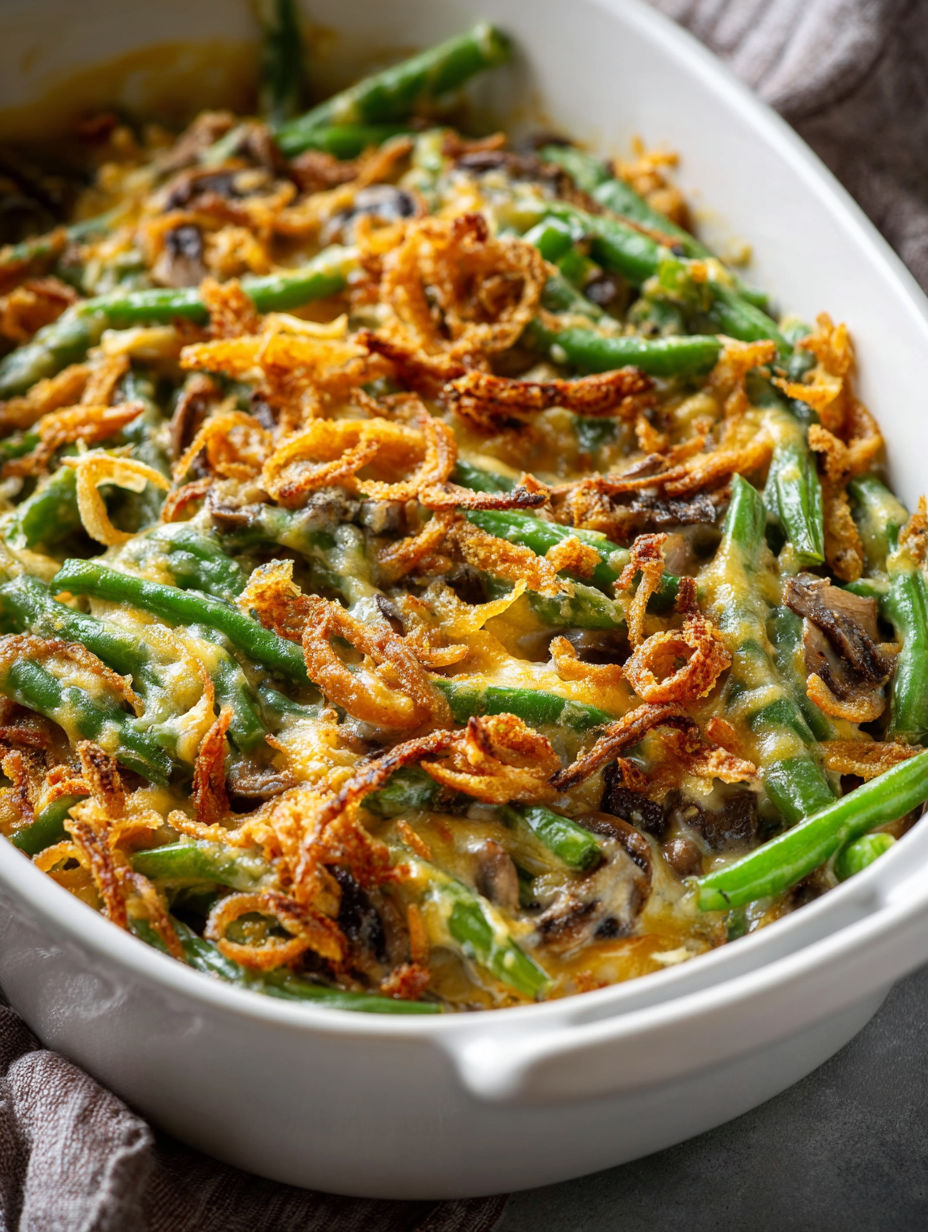 A white bowl filled with a green bean casserole.