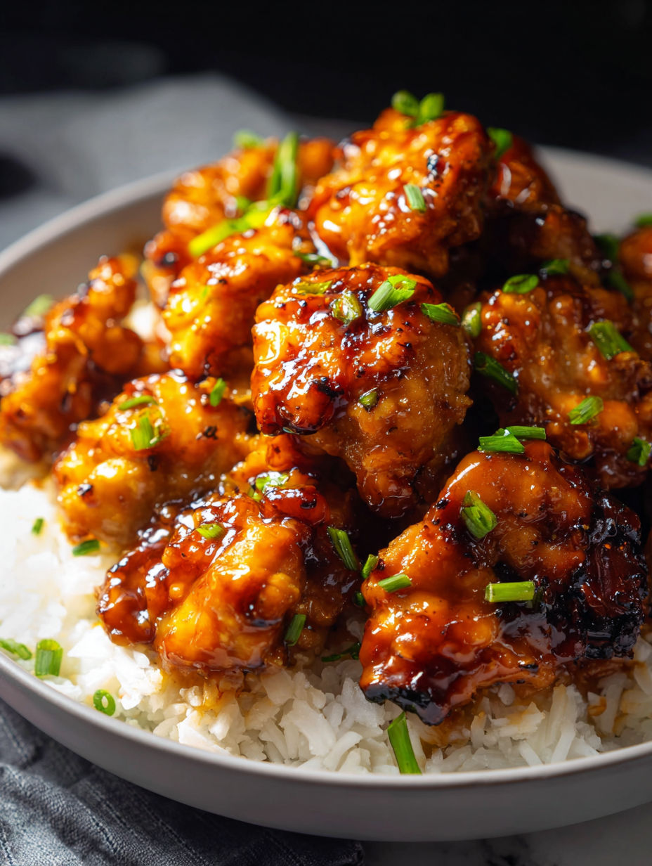 A plate of orange chicken with rice.