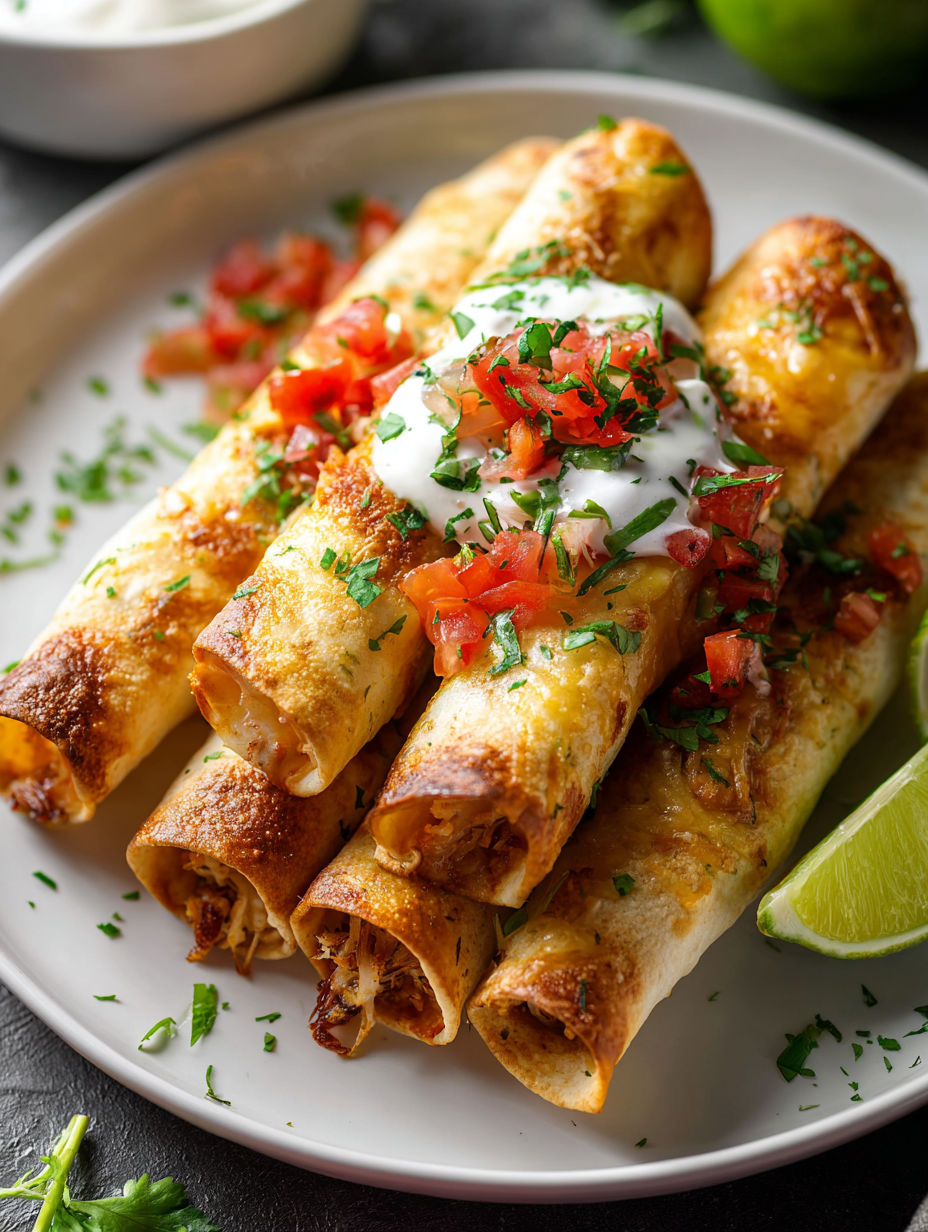 Chicken Taquitos with sour cream and tomatoes.