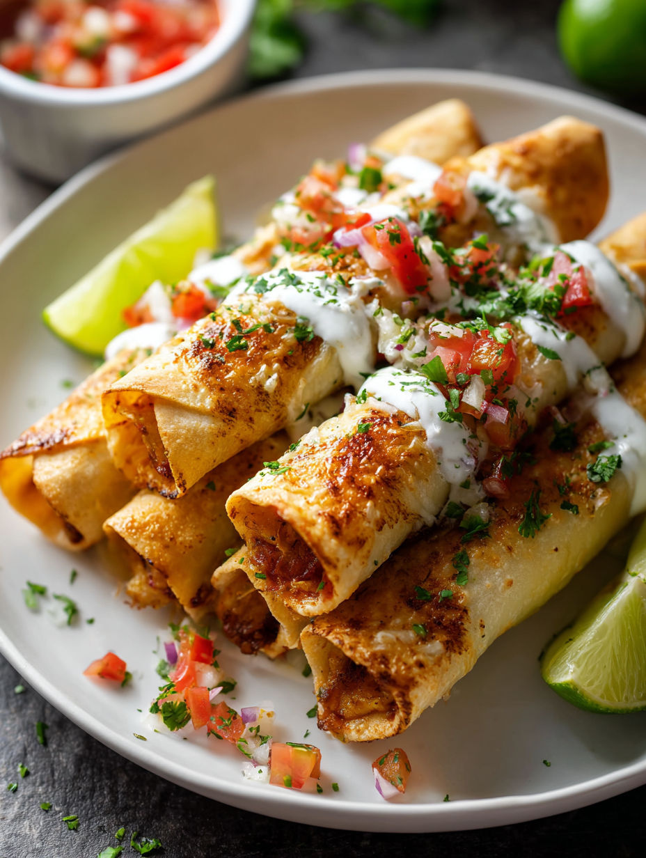 A plate of chicken taquitos with white sauce and tomatoes.