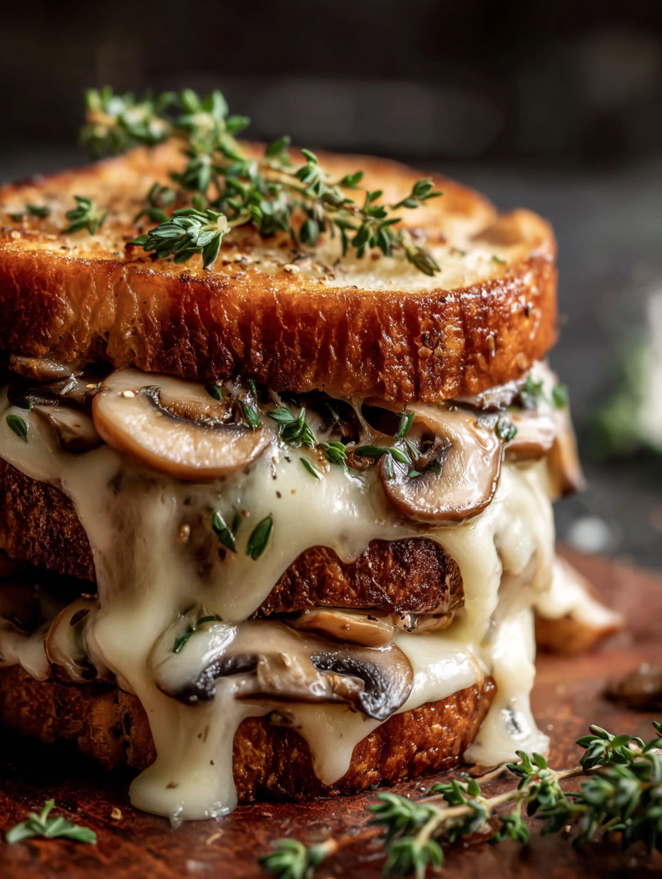 A stack of mushrooms and cheese on toast.