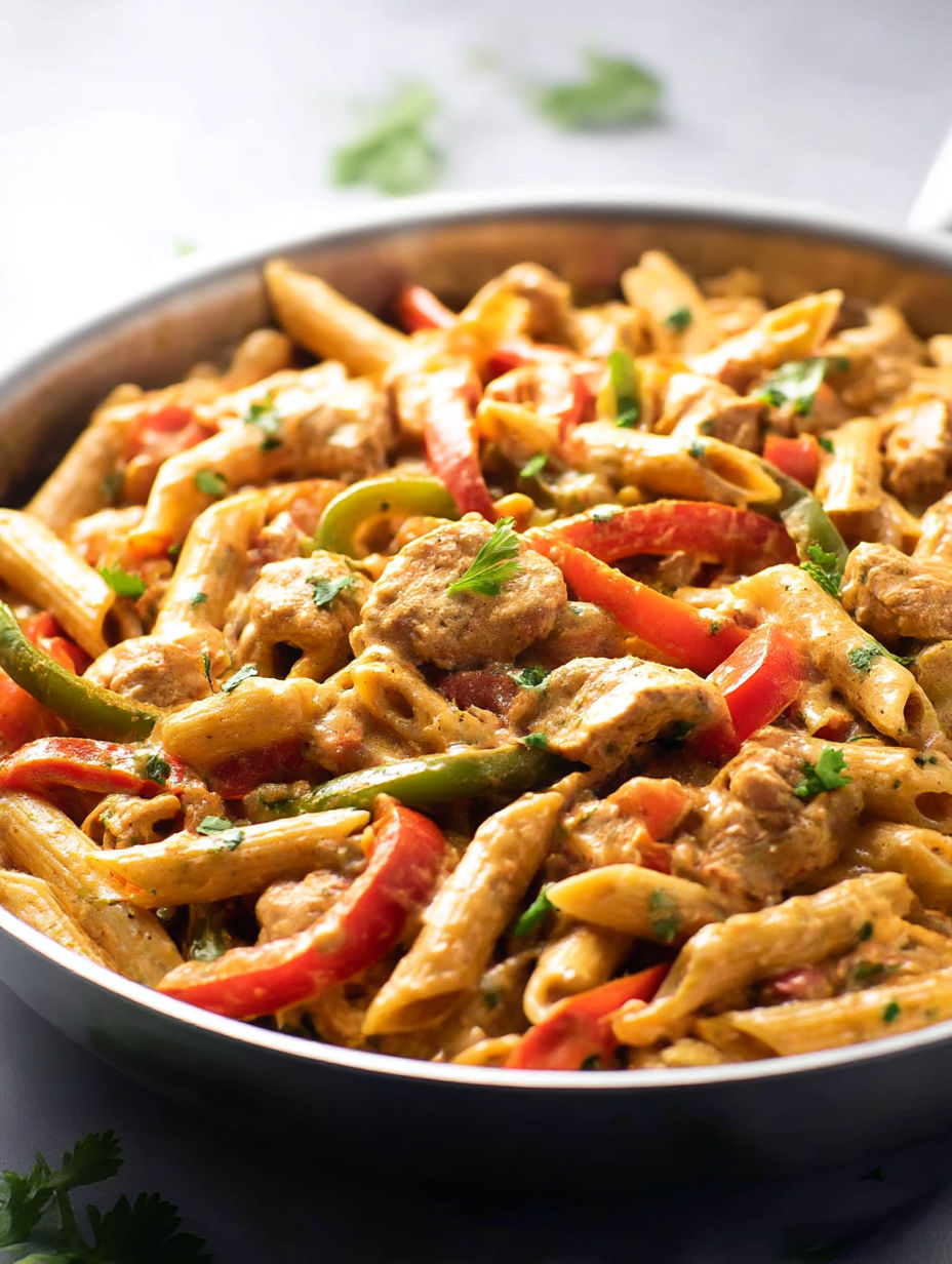 A bowl of chicken fajita pasta.