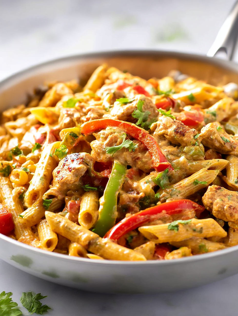 A dish of chicken fajita pasta.
