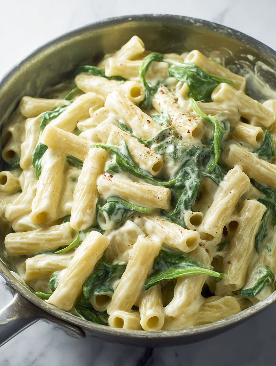 A delicious meal of pasta with spinach and cheese.