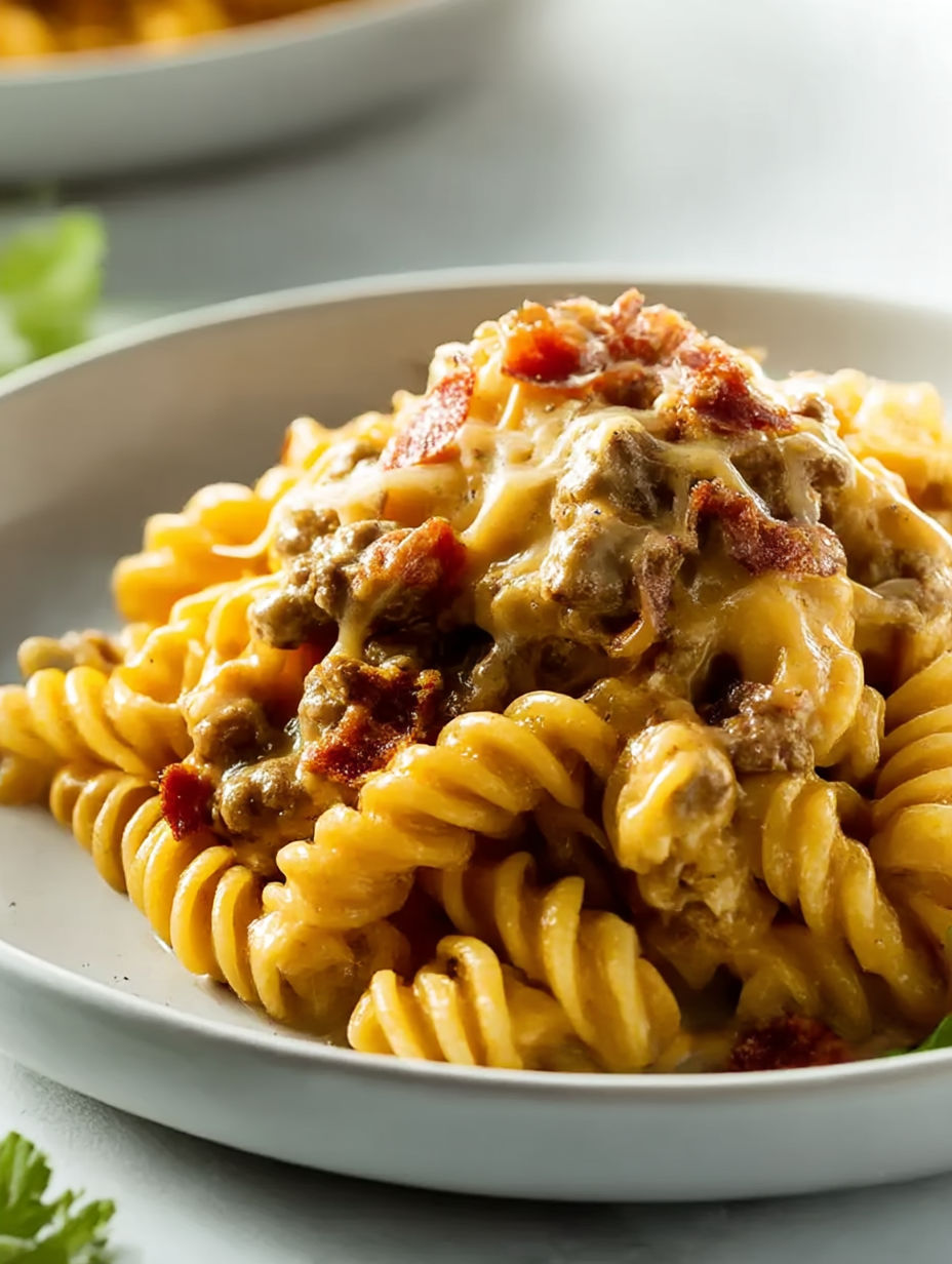 A plate of pasta with cheeseburger on top.