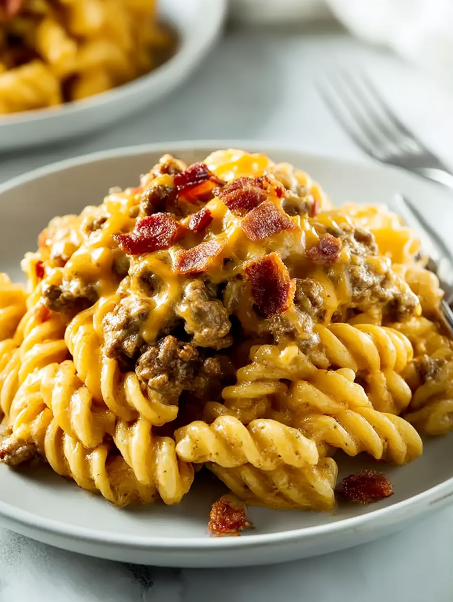 A plate of pasta with cheeseburger on top.