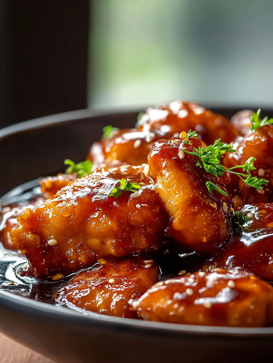 A plate of Honey Garlic Soy Sauce Chicken.