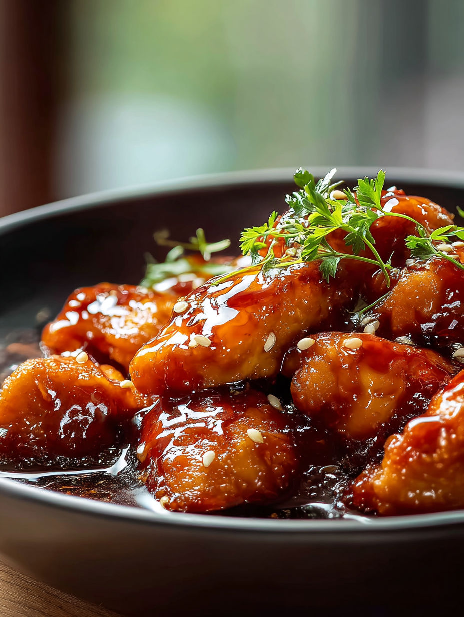 A plate of chicken with a sauce on it.