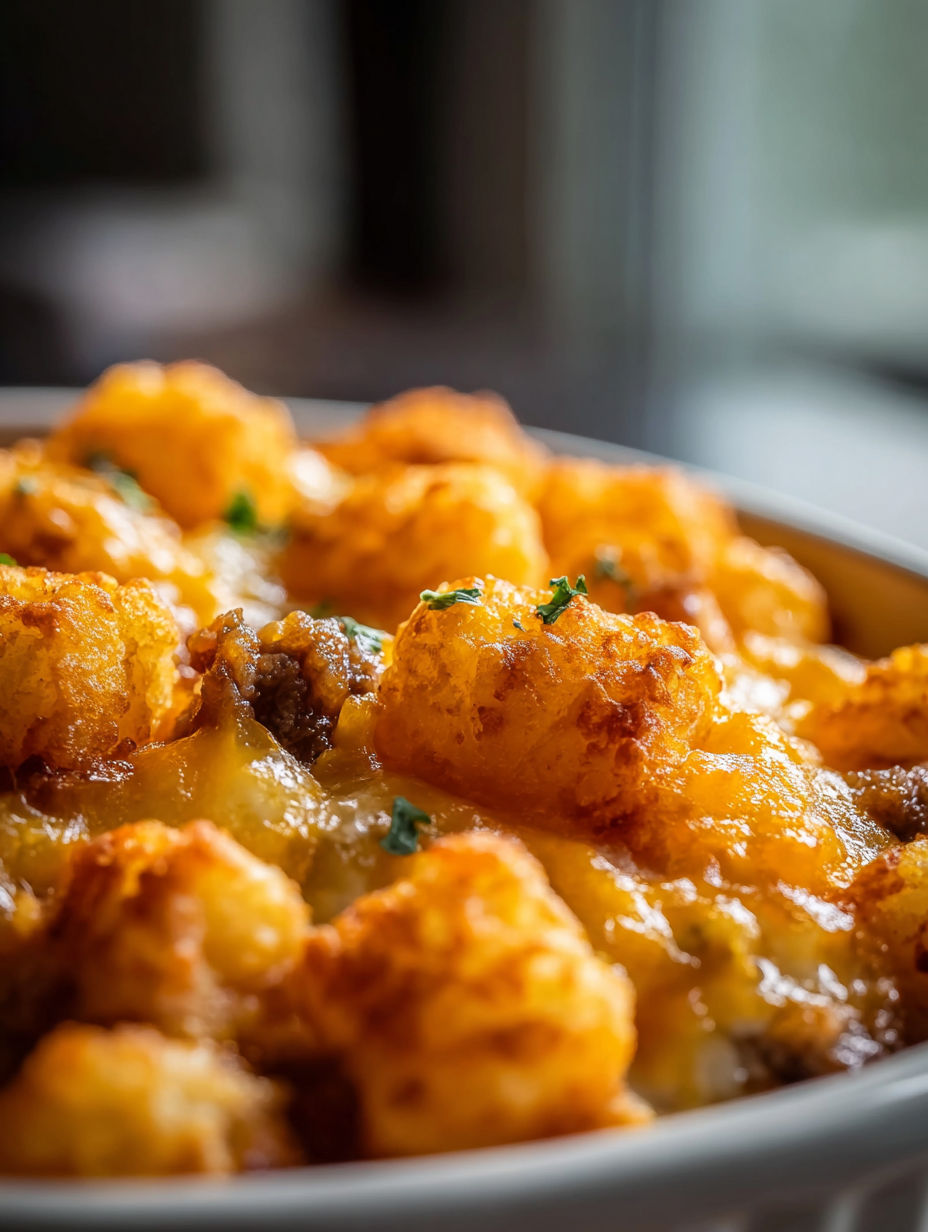 A close up of a tater tot casserole.