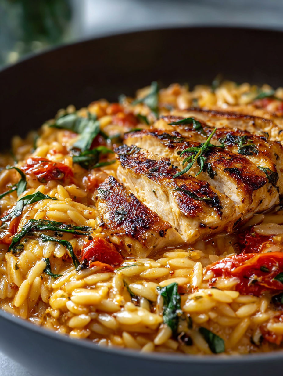 A delicious meal of chicken and orzo.