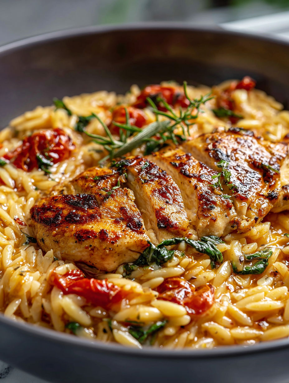 A delicious meal of chicken and orzo.