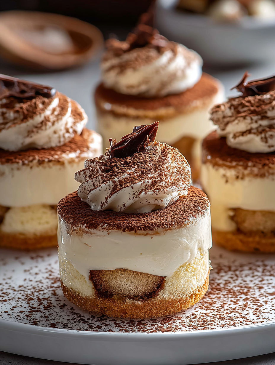 Four mini tiramisu desserts with chocolate toppings.