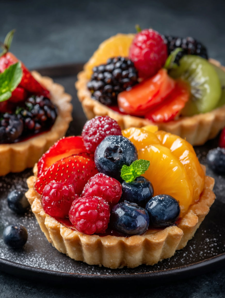 A fruit tart with strawberries, raspberries, blueberries, and orange slices.