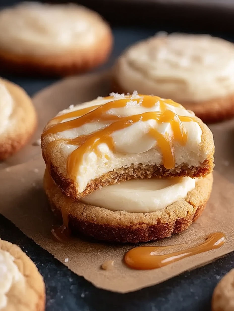 A close up of a cookie with caramel drizzled on top.