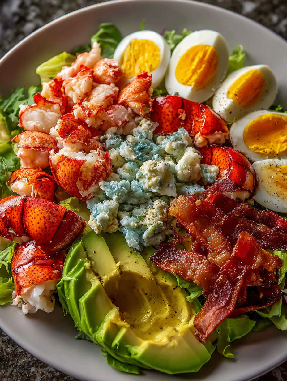 A delicious meal of shrimp, eggs, bacon, and avocado.
