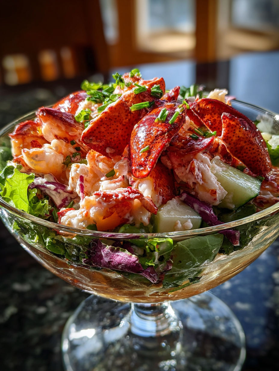 A delicious meal of lobster and vegetables.