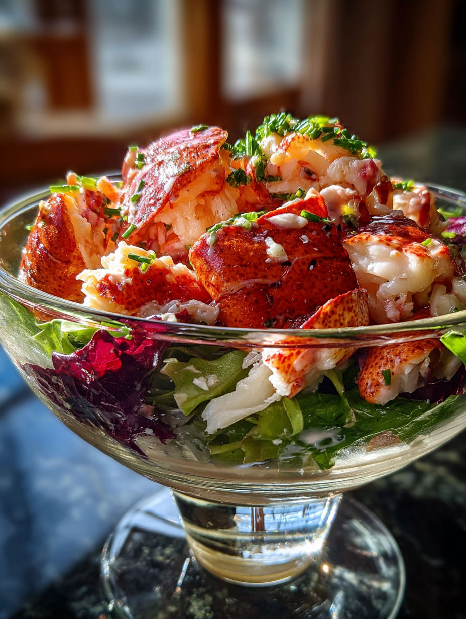 A bowl of food with lobster and vegetables.