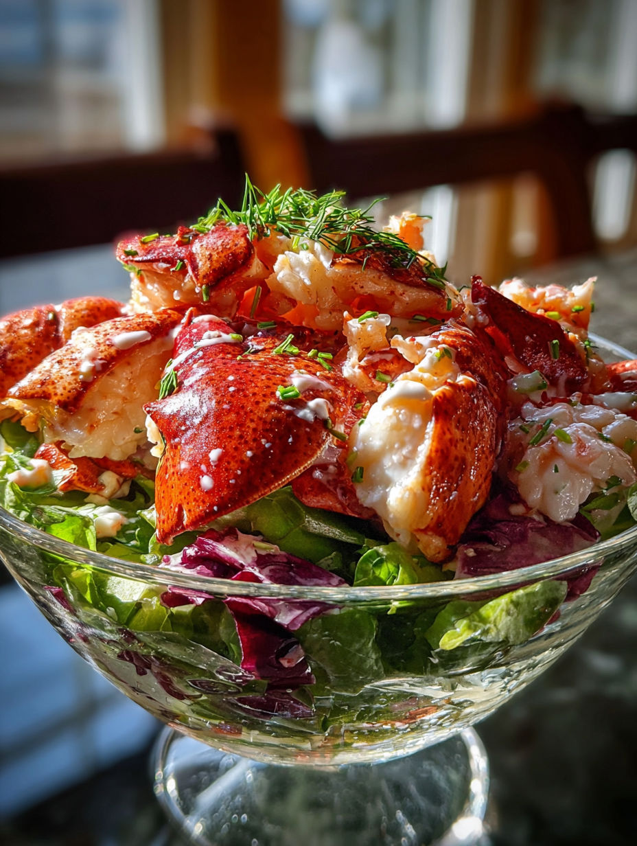 A bowl of food with lobster and vegetables.