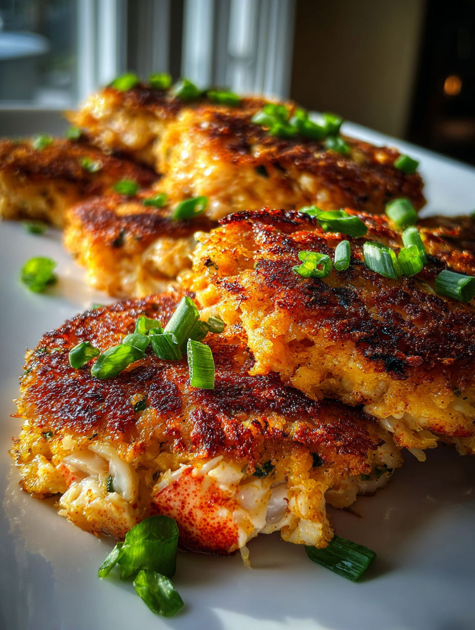 A delicious meal of crab cakes with green onions.