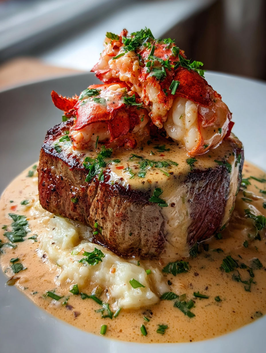 A delicious meal of steak and lobster.