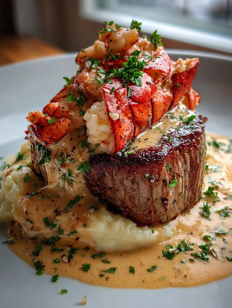 A plate of food with lobster and cream sauce.