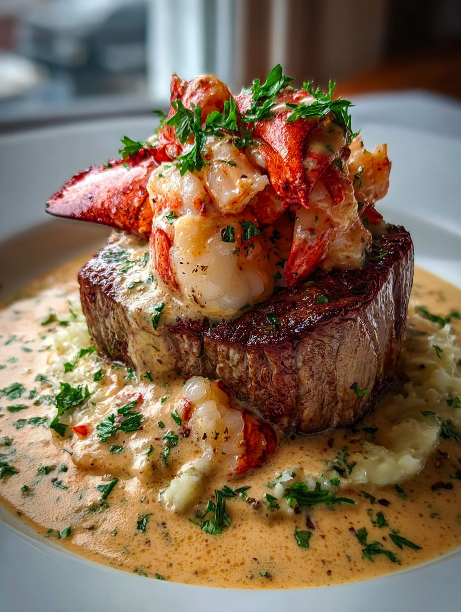A plate of food with a lobster cream sauce on top of a steak.