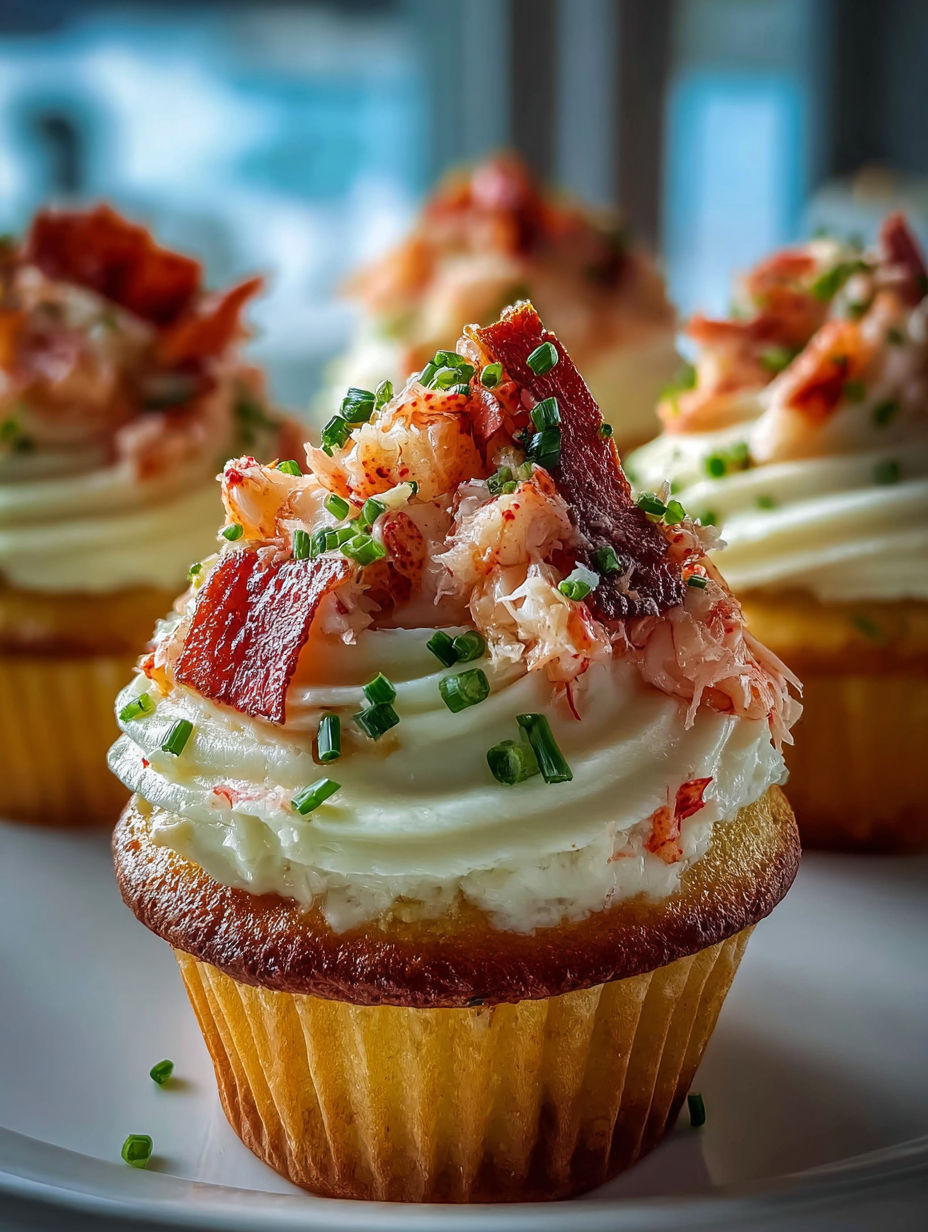 A cupcake with bacon and crab meat on top.