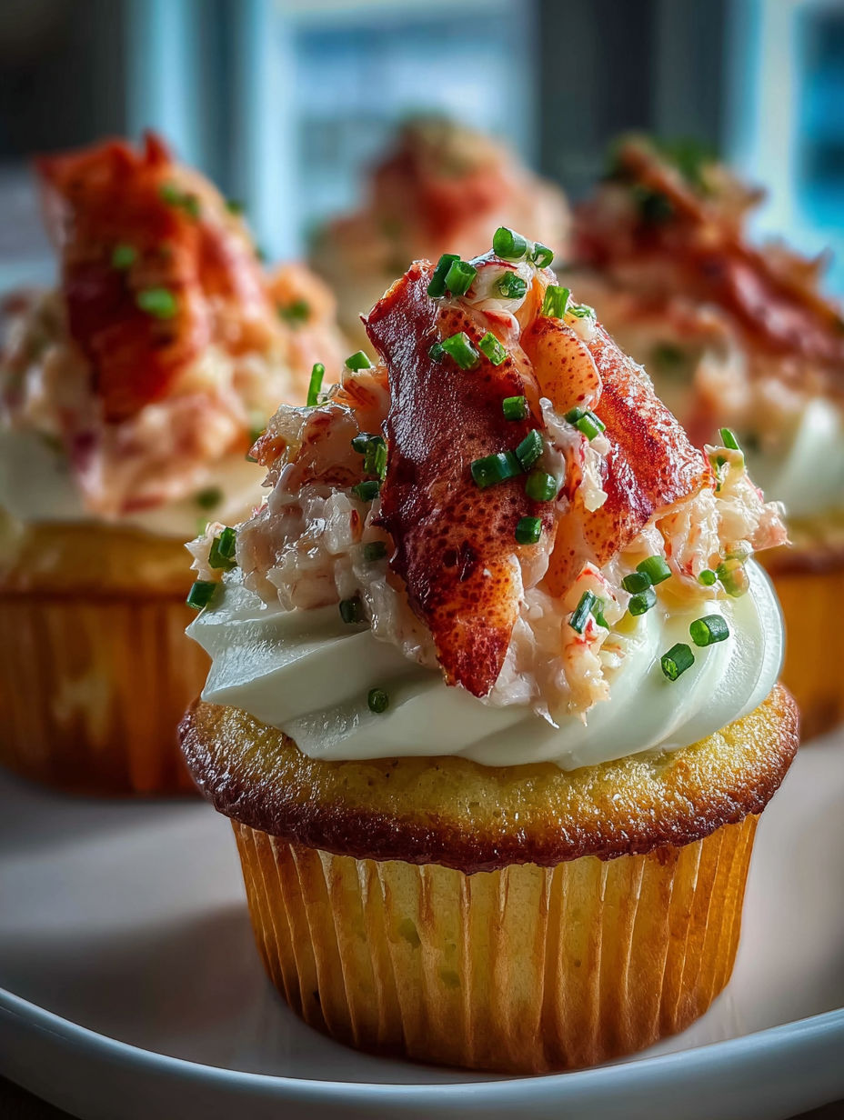 A cupcake with lobster on top.