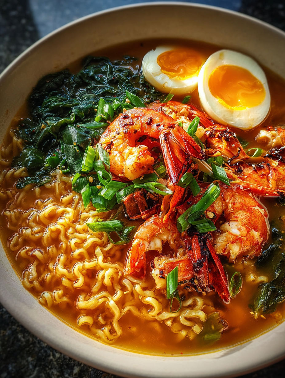 A bowl of lobster ramen with shrimp and egg.