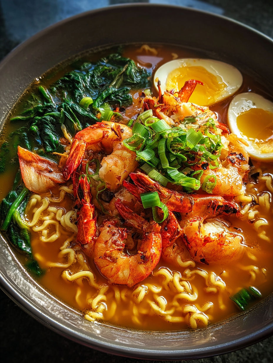 A bowl of lobster ramen with shrimp and egg.