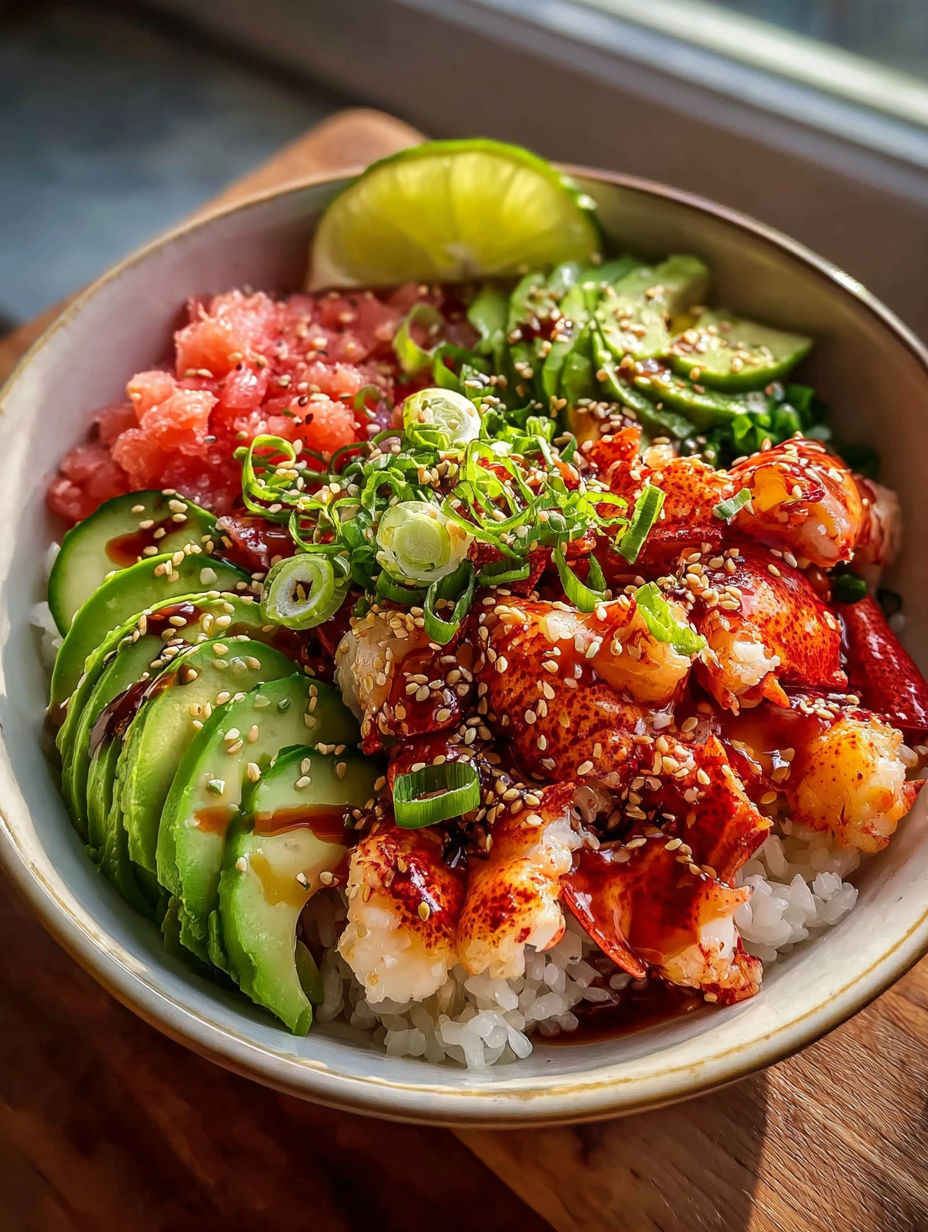 A delicious meal of shrimp, avocado, and rice.
