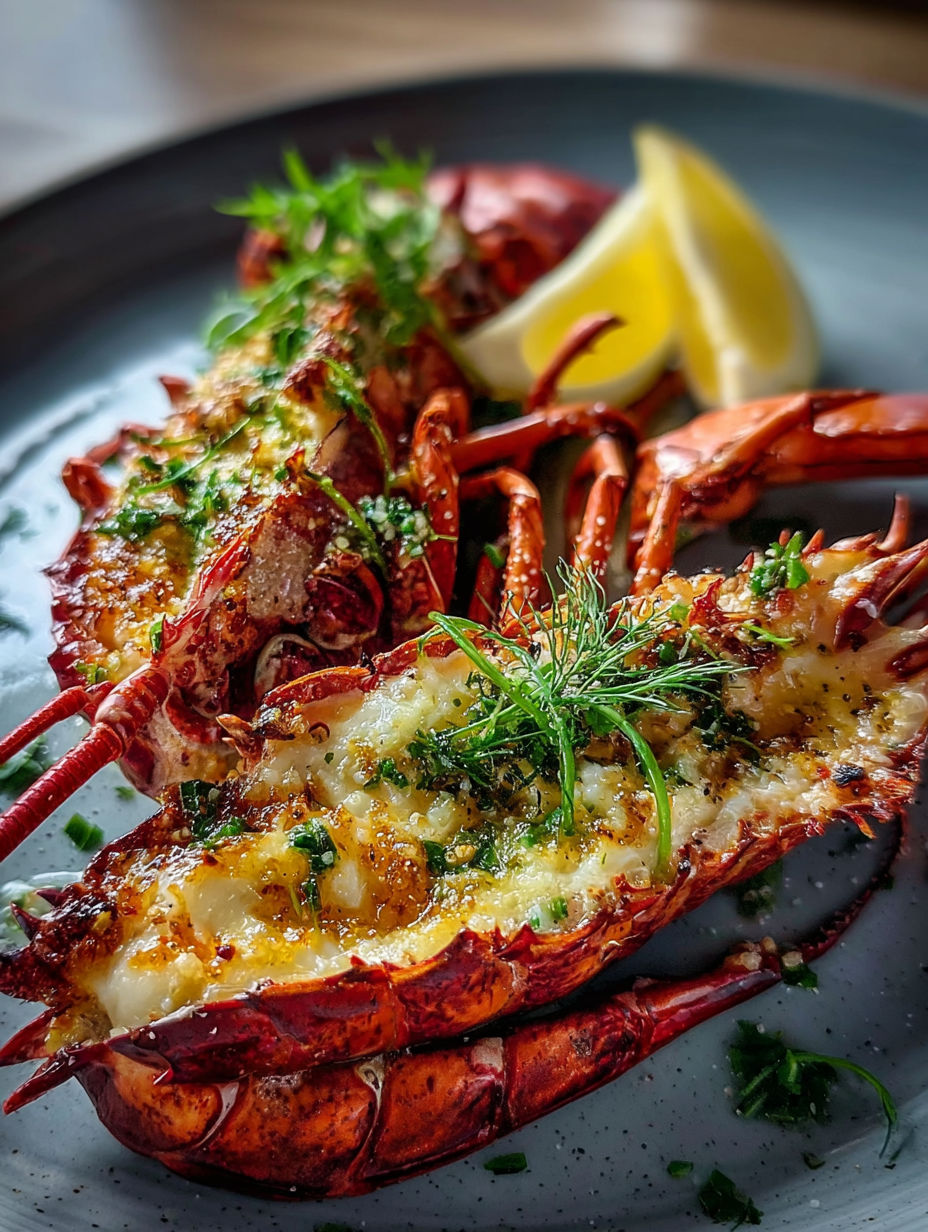 A delicious meal of lobster with lemon and herbs.