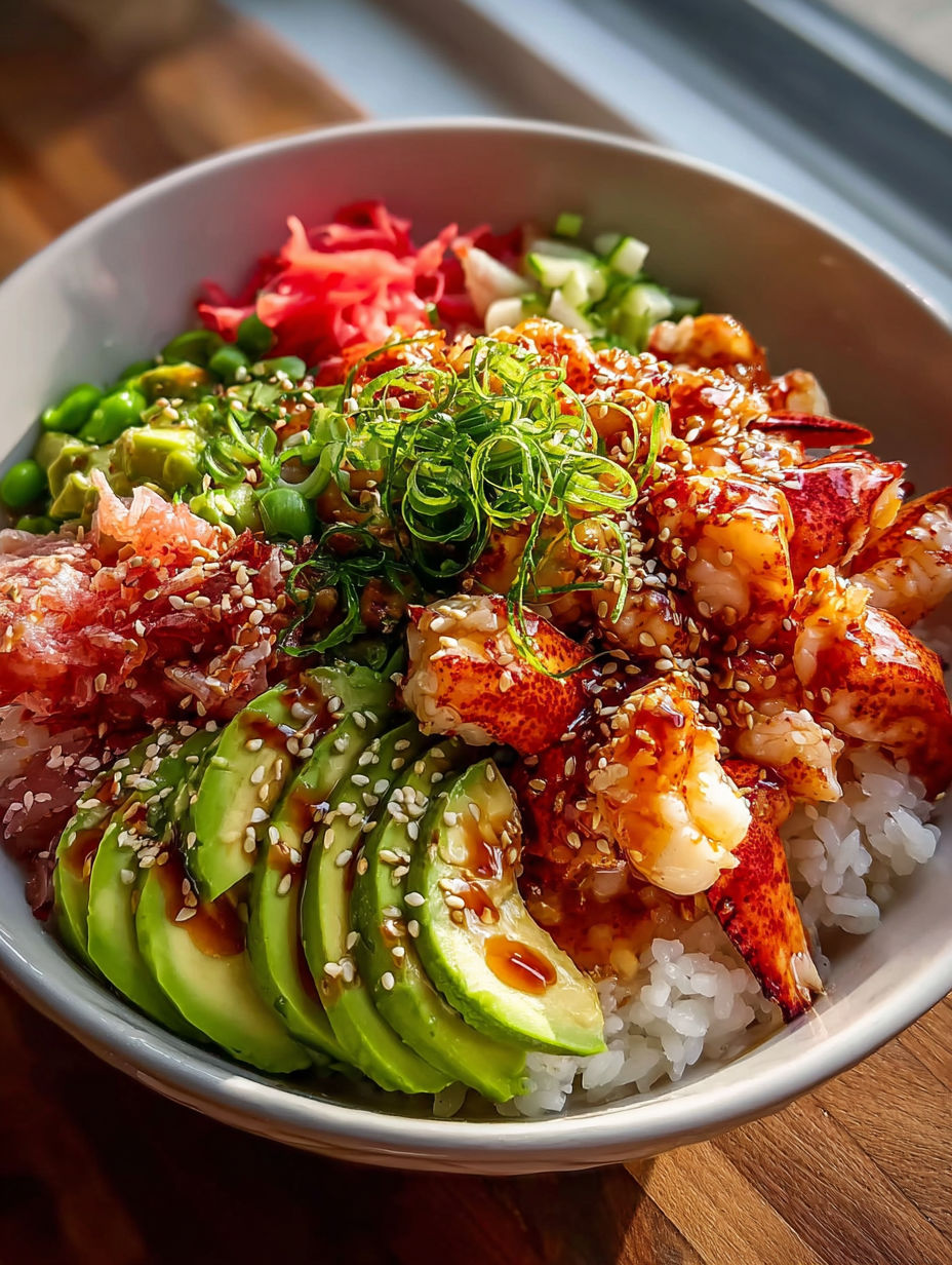 A bowl of food with lobster, avocado, and rice.