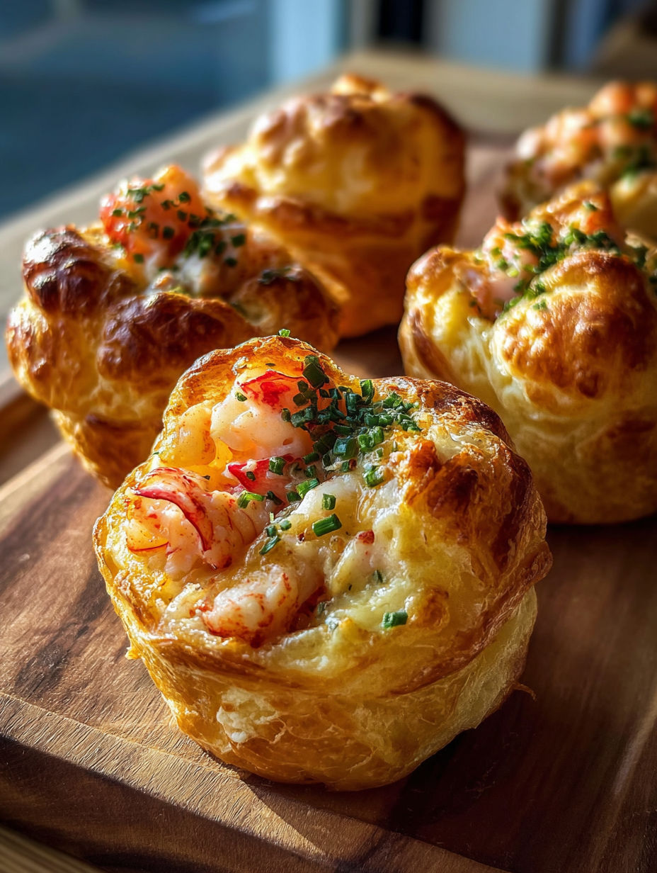 A plate of lobster puffs with a sprig of parsley on top.